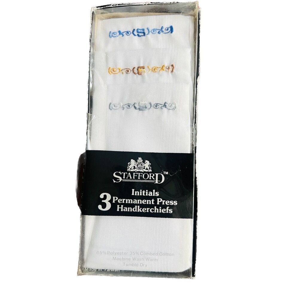 NIB Stafford 3 Permanent Press Handkerchiefs w/ Initial 'S’ Polyester/Cotton